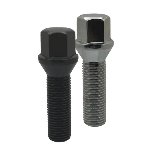 Chrome and black 14x1.5 17mm hex 39mm conical bolts.