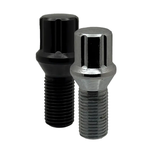 Chrome and black 14x1.5 spline 24mm conical bolts.
