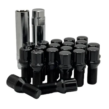A 20 piece kit of black 14x1.5 Spline 24mm conical bolts with 2 keys.