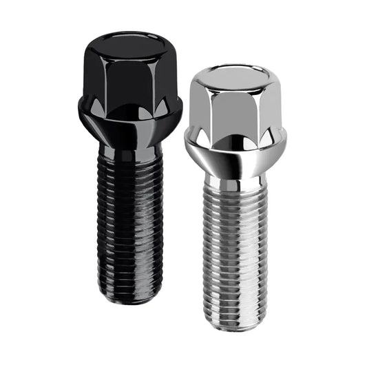 Two standing lug bolts, one black and one zinc, on a white background