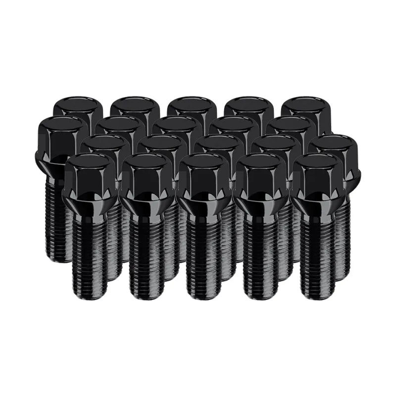 Set of 20 black hex bolts standing together on a white background