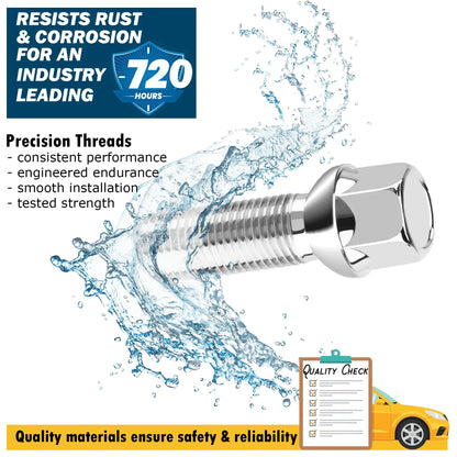 Lug bolt with water splash and text about rust resistance, precision threads and quality materials on a white background