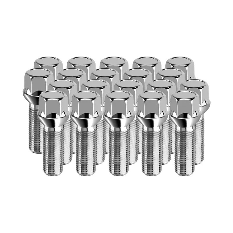 Set of 20 standing zinc wheel bolts on a white background