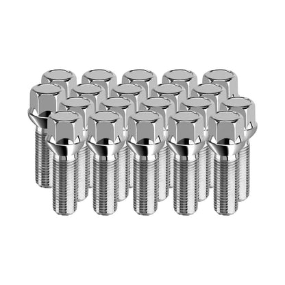 Set of 20 standing zinc wheel bolts on a white background