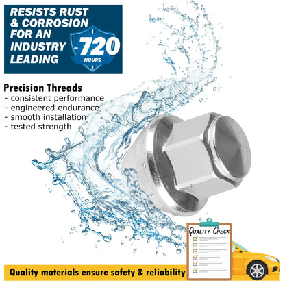 OE replacement lug nut with text about resisting corrosion, precision threads and quality materials