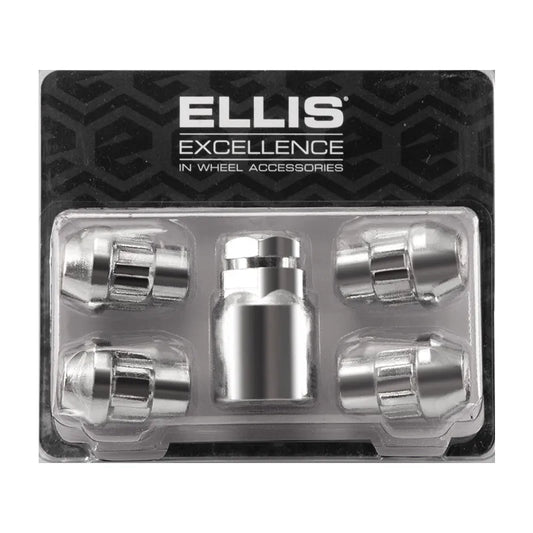 Packaged set of 14x1.5 white zinc wheel locknuts with Ellis branding on a black background 