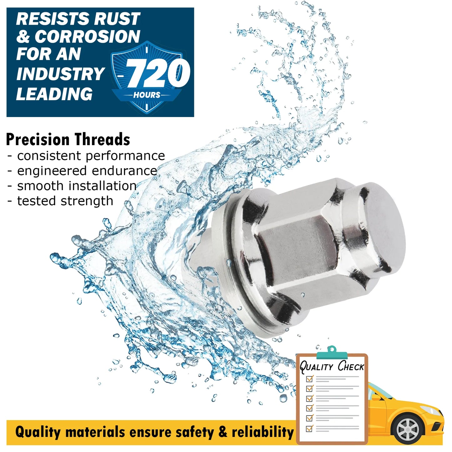 Toyota OE mag shank lug nut with text about rust resistance and quality materials