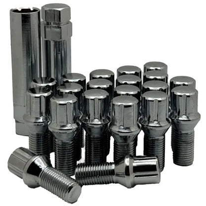  A 20 piece kit of chrome 14x1.5 Spline 24mm conical bolts with 2 keys.