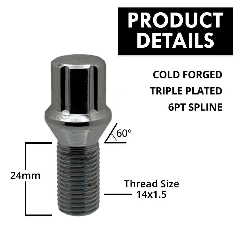 A description of a high quality 14x1.5 spline 24mm conical bolt.