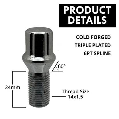 A description of a high quality 14x1.5 spline 24mm conical bolt.