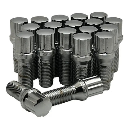 A 20 piece kit of chrome 14x1.5 spline 30mm conical bolts.