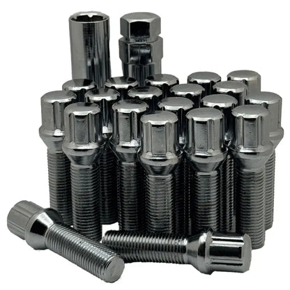 A 20 piece kit of chrome 14x1.5 17mm hex 40mm ball bolts.