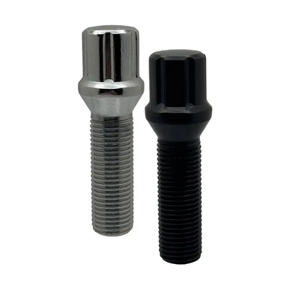 One chrome and one black 14x1.5 spline 40mm conical bolts.