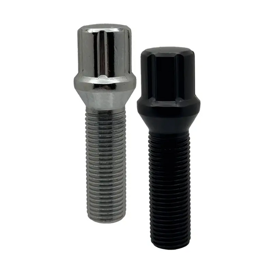 One chrome and one black 14x1.5 spline 40mm conical bolts.