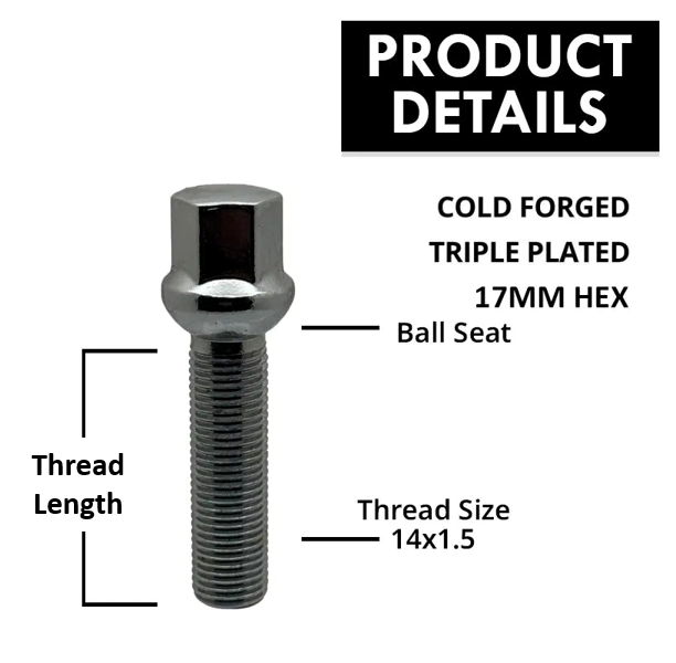 14x1.5 17mm Hex Ball Lug Bolts