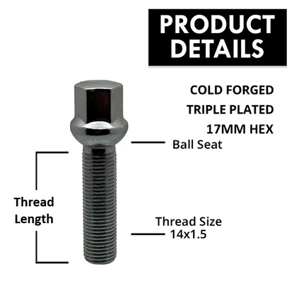 14x1.5 17mm Hex Ball Lug Bolts