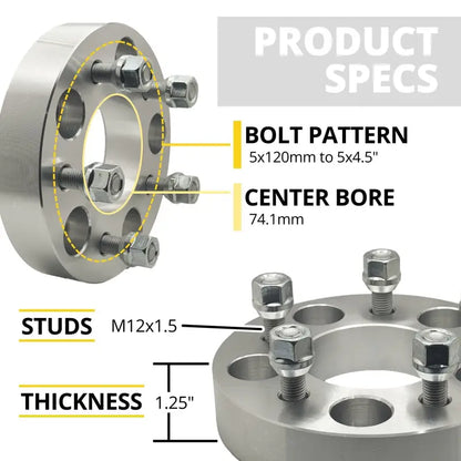 5x120 to 5x4.5 Wheel Adapter 1.25’’ Thick | 12x1.5 | 74.1 CB