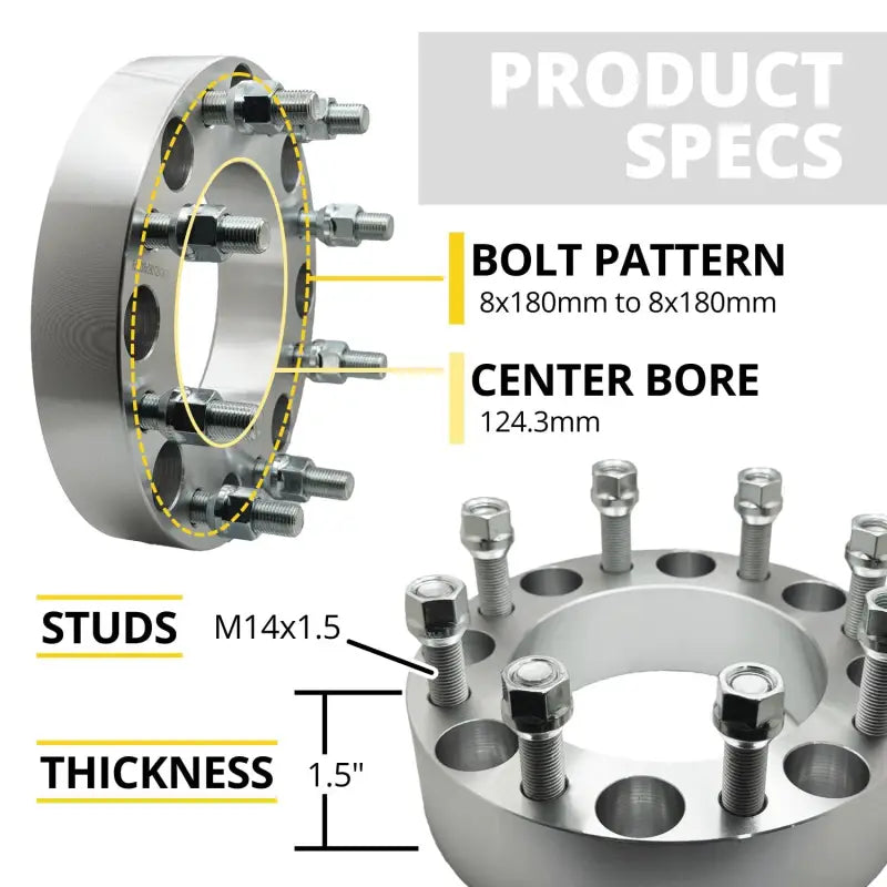 8x180 to 8x180 Wheel Adapter 1.5’’ Thick | 14x1.5 | 124.3mm CB