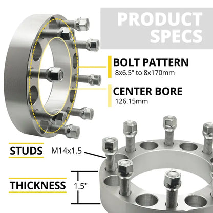 8x6.5’’ to 8x170 Conversion Wheel Adapter 1.5’’ Thick | 14x1.5 | 126.15mm CB