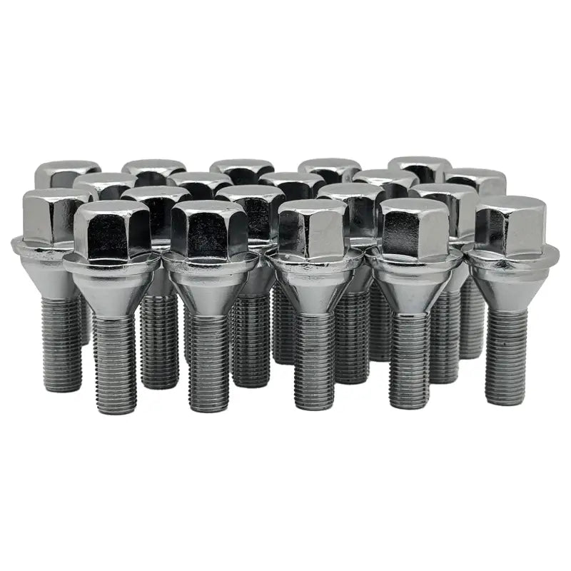  A 20 piece kit of chrome 12x1.25 hex 28mm conical OE replacement bolts.