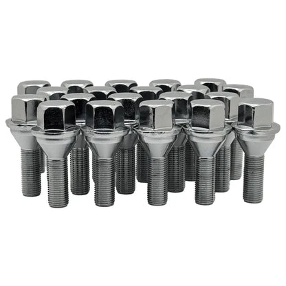  A 20 piece kit of chrome 12x1.25 hex 28mm conical OE replacement bolts.