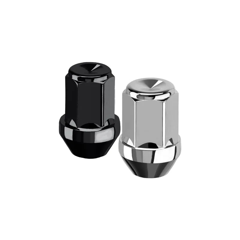 Two standing lug nuts, one black and one zinc