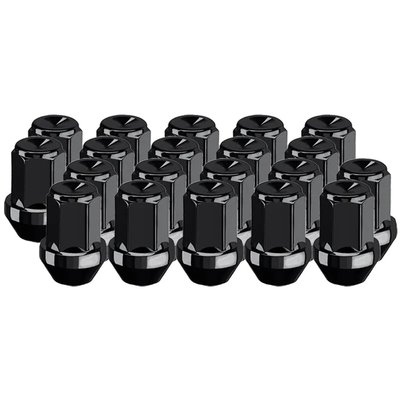 Grouping of 20 black metal lug nuts on a white background.