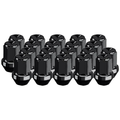 Grouping of 20 black metal lug nuts on a white background.