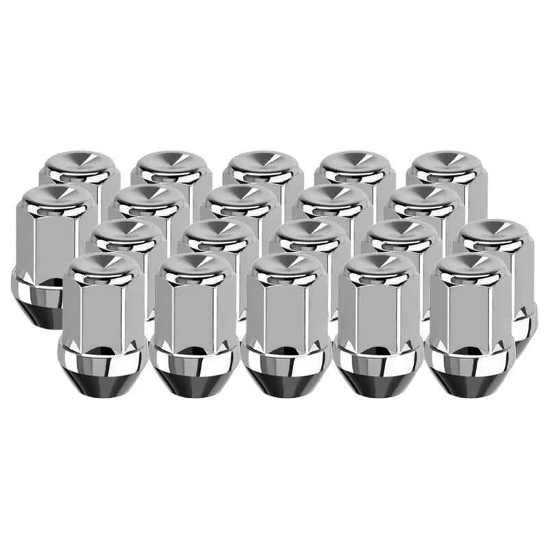 Grouping of 20 wheel lug nuts on a white background.