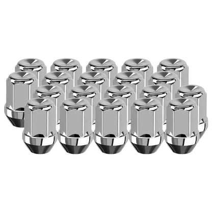 Grouping of 20 wheel lug nuts on a white background.