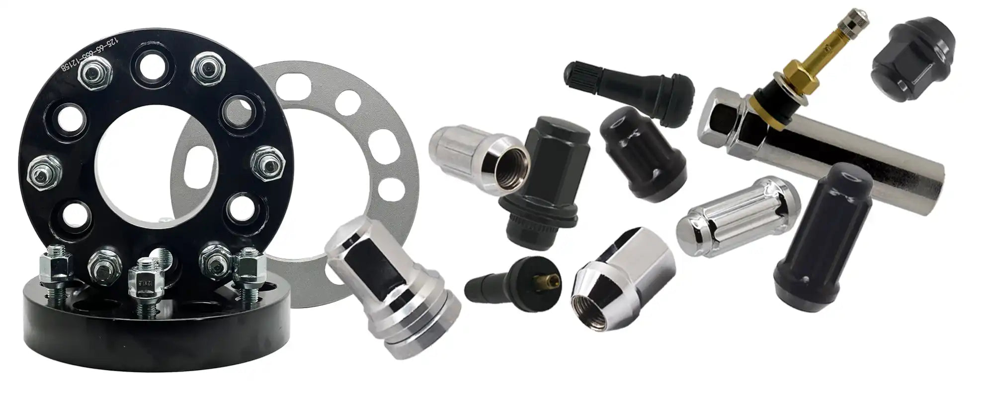 Wheel spacers and lug nuts for vehicle wheel modifications.